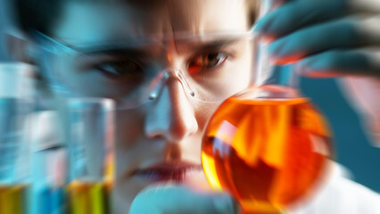 Focused scientist in safety glasses examining an orange liquid in a laboratory flask