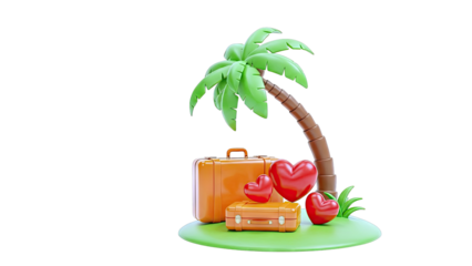 Island getaway with palm tree, luggage, and hearts