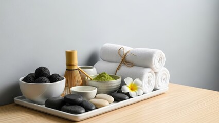 Serene spa setup with towels, matcha, and stones on wooden table