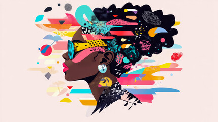 Naklejka premium Vibrant abstract portrait of stylish Black woman with dynamic colorful afro and geometric sunglasses, showcasing modern art and creative expression
