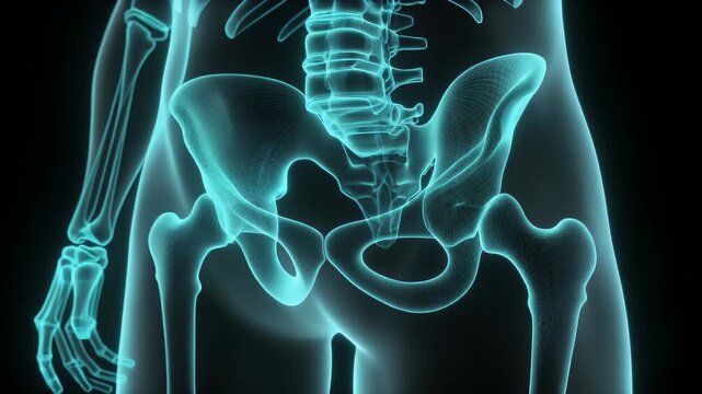 Detailed 3D rendering of the human skeletal system, focusing on the pelvic bone structure and upper femurs for anatomical study and medical education