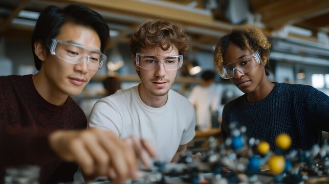 A diverse group of researchers collaborates around a lab table filled with molecular models and high-tech tools, representing teamwork in the field of molecular engineering and its impact on future - Powered by Adobe