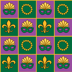 Seamless vector pattern featuring Mardi Gras masks, fleur-de-lis symbols, and golden bead necklaces on a grid of purple and green squares with yellow borders.