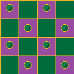 Seamless vector pattern of purple and green squares with gold borders, each featuring a central green circle with a yellow outline, evoking a festive and abstract geometric design.