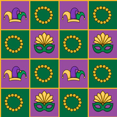A seamless vector pattern featuring Mardi Gras icons: jester hats, masks, and beaded necklaces, set against a grid of purple and green squares with yellow borders, evoking a festive and celebratory...