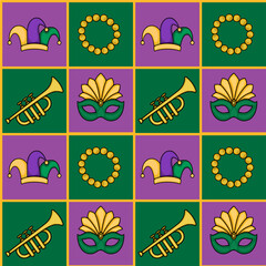 Seamless Mardi Gras vector pattern featuring jesters hats, masks, trumpets, and beads on a checkered background of purple, green, and yellow.
