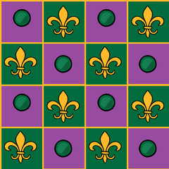 Mardi Gras seamless repeating vector pattern featuring gold fleur-de-lis symbols and green spheres on a purple and green checkered background with yellow borders.