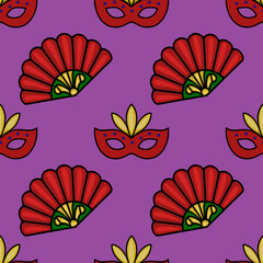 Seamless vector pattern featuring red Mardi Gras masks and ornate fans on a vibrant purple background.