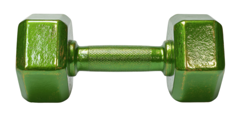 Glossy green dumbbell with textured grip on black background, centered