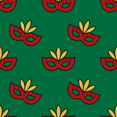 Seamless vector pattern of red carnival masks with yellow feathers and blue accents on a green background.