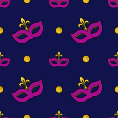 Seamless vector pattern of Mardi Gras masks and fleur-de-lis emblems on a deep blue background, accented with golden circles.