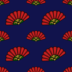 Seamless vector pattern of traditional red fans with green and yellow accents on a deep blue background, evoking a sense of cultural elegance and festive celebration.