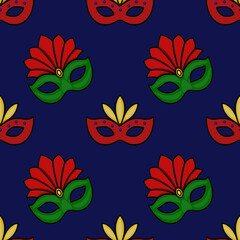 Seamless vector pattern of Mardi Gras masks and vibrant floral elements on a deep navy background, evoking a festive and celebratory mood.