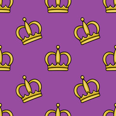 Seamless vector pattern featuring golden royal crowns on a vibrant purple background, perfect for festive or regal designs.