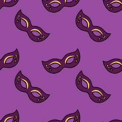 Seamless vector pattern of ornate purple and gold masquerade masks on a solid lavender background, evoking festive celebration and mystery.