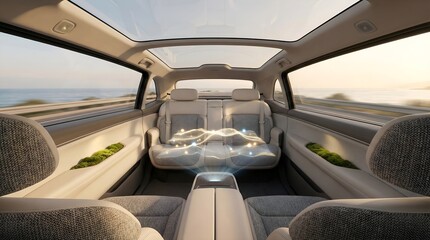 Futuristic Autonomous Car Interior: Lounge Seating with Holographic Navigation Map