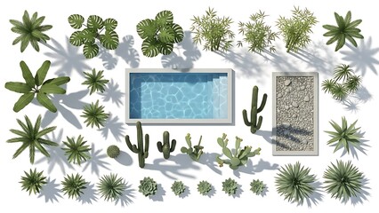 Luxurious pool surrounded by lush greenery and cacti isolated on white background