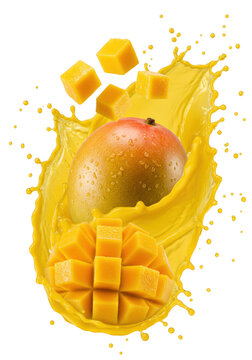 Hyper-photorealistic whole Haden mango & diced cubes in an explosive yellow juice splash, razor-sharp, 8K, on white with copy space. Commercial food photography concept