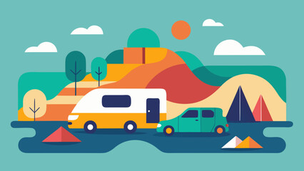 Flat vector illustration of car with camper trailer parked near tents in colorful nature landscape