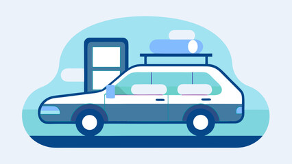 Car with luggage on roof parked near house door in flat minimal style