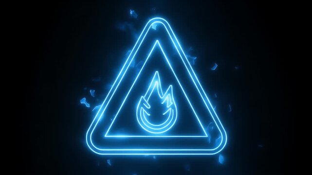 Glowing blue neon flame warning sign, symbolizing danger and hazard in a digital format