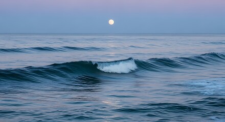 Ocean wave cresting under the full moon in a serene twilight seascape
