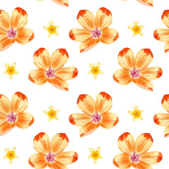 Seamless watercolor pattern with spring flowers, delicate floral elements, soft pastel colors, hand-painted style, for greeting cards, posters, wedding invitations, vector