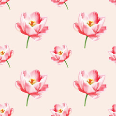 Seamless watercolor pattern with spring flowers, delicate floral elements, soft pastel colors, hand-painted style, for greeting cards, posters, wedding invitations, vector