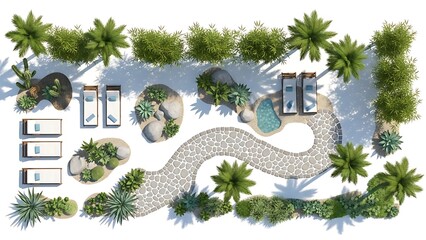 Luxury resort layout with pool and loungers isolated on white background