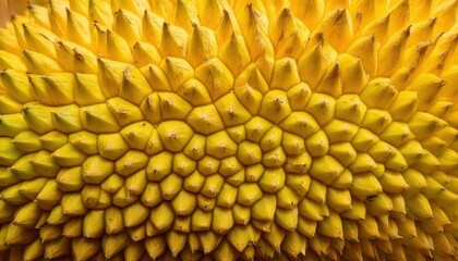 Close-up of spiky yellow jackfruit skin texture, a tropical fruit.