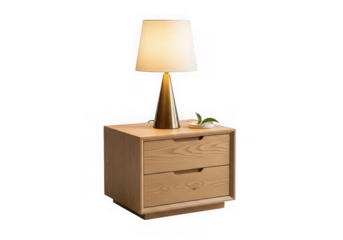 A beige nightstand with a lamp on top against a black background