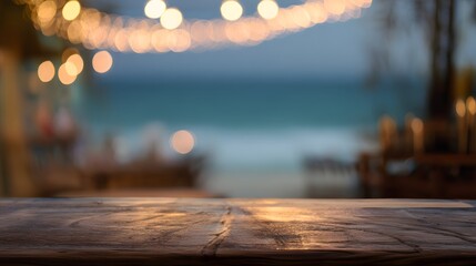 Cozy beach cafe bokeh lights evoke a relaxed seaside atmosphere perfect for travel lifestyle photography