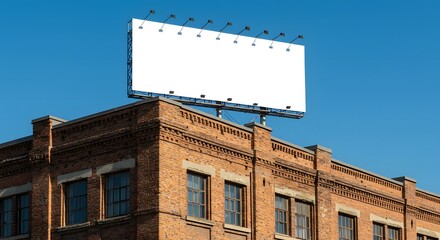 A blank billboard mounted atop a brick building under a clear blue sky