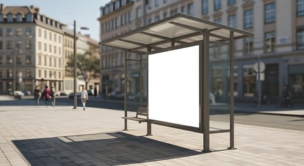 Naklejka premium Empty bus shelter with a blank advertising space in a city setting