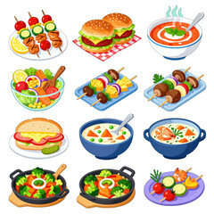 Colorful variety of dishes and meals set
