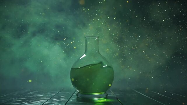 Render a 3D fantasy explosion of a magical potion laboratory. Multicolored particles green, orange, violet burst outward smoothly drift frame in a slow-motion swirl glowing motes, shimmering energy