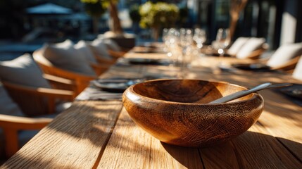 Wooden bowl on outdoor dining table setting.