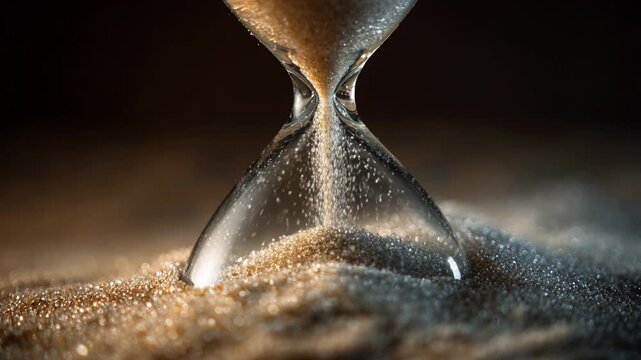 Close up of classic vintage sandglass, golden sand flowing through hourglass. dramatic countdown to deadline, capturing precious time passing with constant urgency