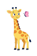 Obraz premium Cute Cartoon Giraffe With Pink Butterfly