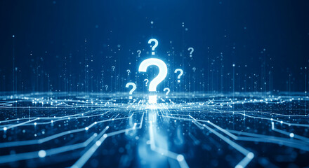Abstract blue image with question marks, lines and light dots. Symbolizing uncertainty, query, questioning, inquiry, or problem solving, data.