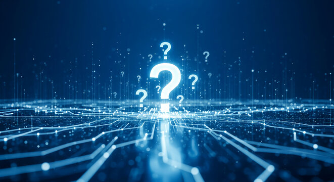 Abstract blue image with question marks, lines and light dots. Symbolizing uncertainty, query, questioning, inquiry, or problem solving, data. - Powered by Adobe