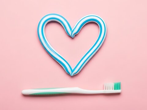 Heart shape made from striped toothpaste with toothbrush on pink background