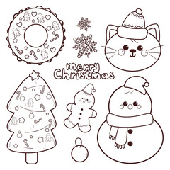 set of Christmas and winter element drawing with cartoon cat for coloring page or coloring book