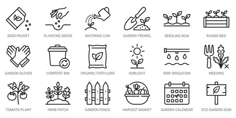 Gardening icons, linear set with seed packet, watering can, trowel, gloves, and plants in minimal black line style for agriculture, horticulture, and eco farming designs