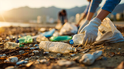A person wearing gloves is picking up trash on a beach
