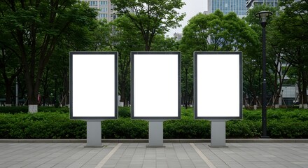 Three blank billboards stand prominently within a lush green urban park setting