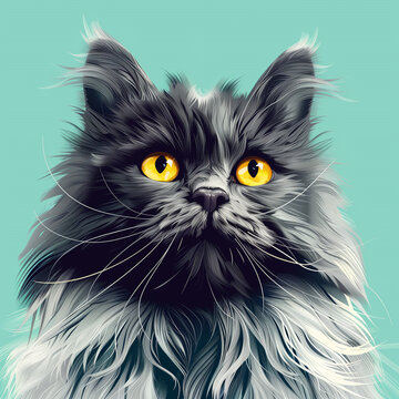 Hyper detailed illustration of a fluffy black and white cat with bright yellow eyes on a turquoise background, modern digital art, stylish animal portrait