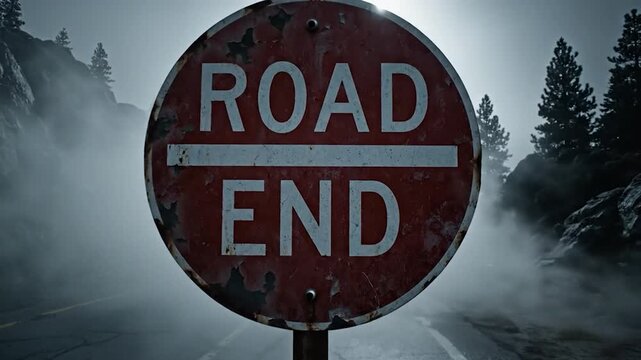 Road End Sign in Foggy Mountain Landscape
