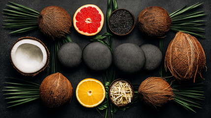 Coconut and tropical fruits arrangement symbolizing wellness, natural beauty, and healthy lifestyle in bright fresh spa-inspired setting