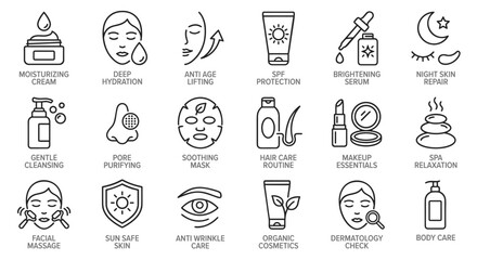 Skincare and beauty icons including moisturizing cream, serum, face mask, and sun protection for dermatology and cosmetic branding